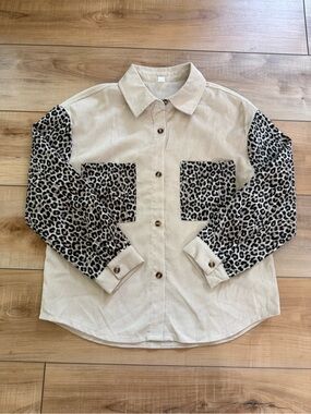 Beige Corduroy Button-Down with Leopard Print Sleeves for Kids